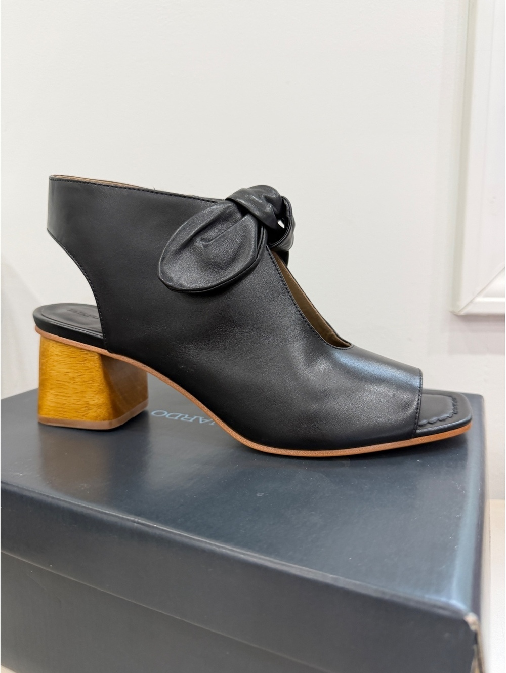 Bernardo Lizzie Black Leather Open Toe Slingback Heeled Sandals Wood Block Heel